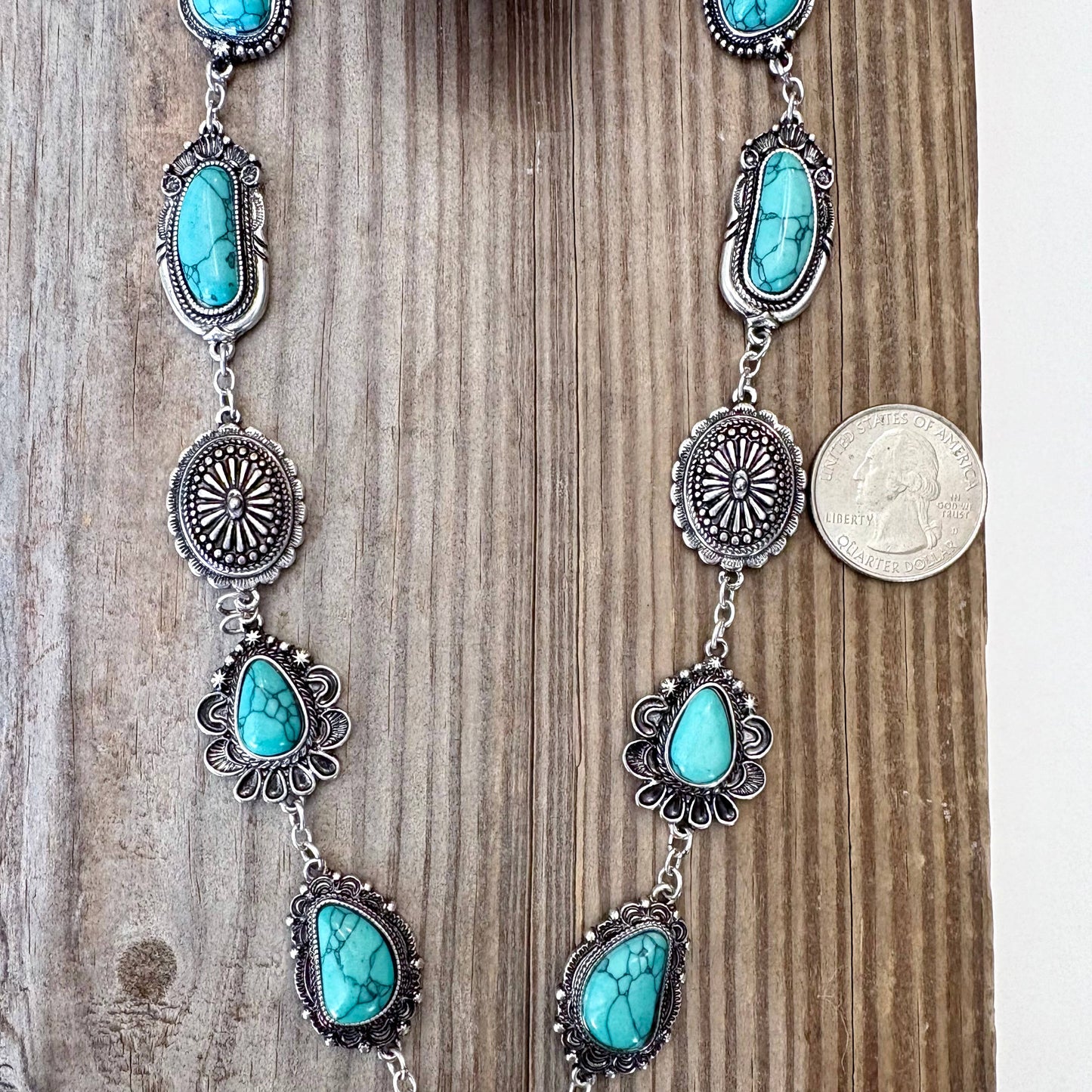Turquoise Stone Western Concho Y Drop Necklace with Brushed Silver Accents