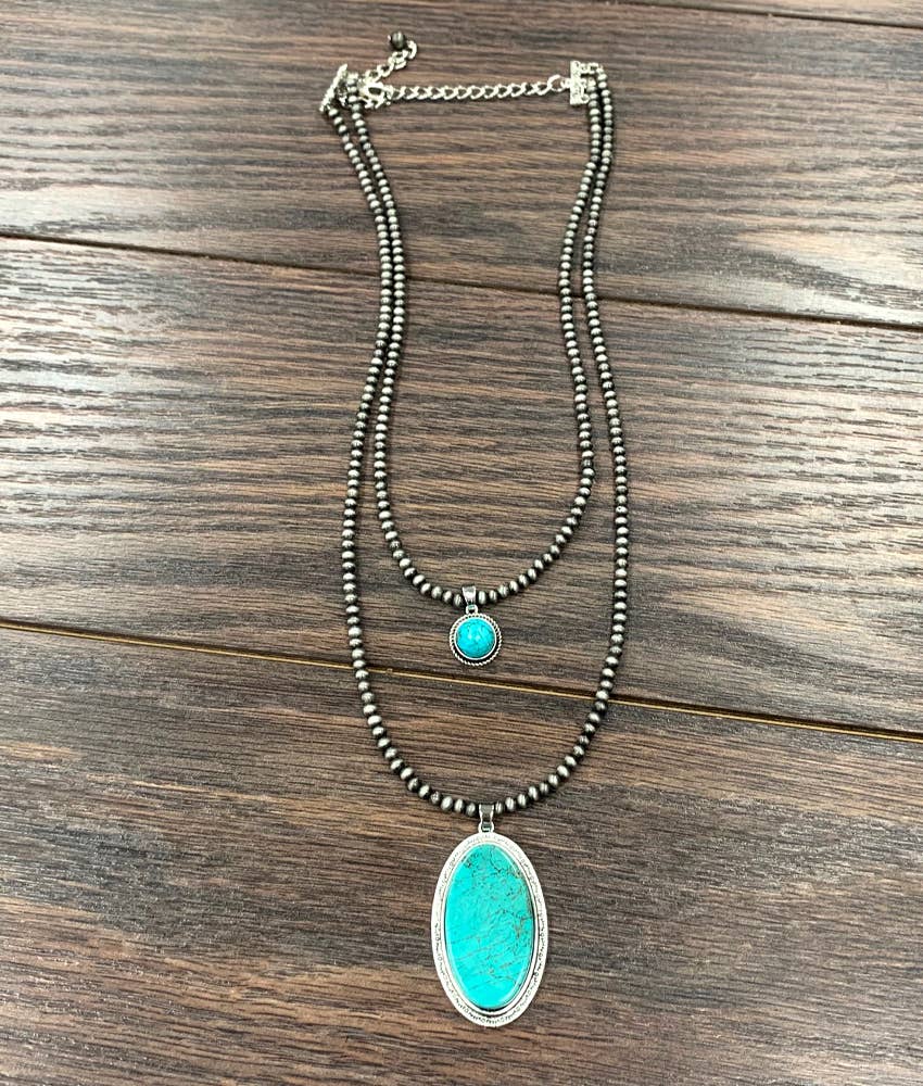 Turquoise Navajo Faux Pearl Bead Two Strand Necklace With Natural Turquoise Pendant