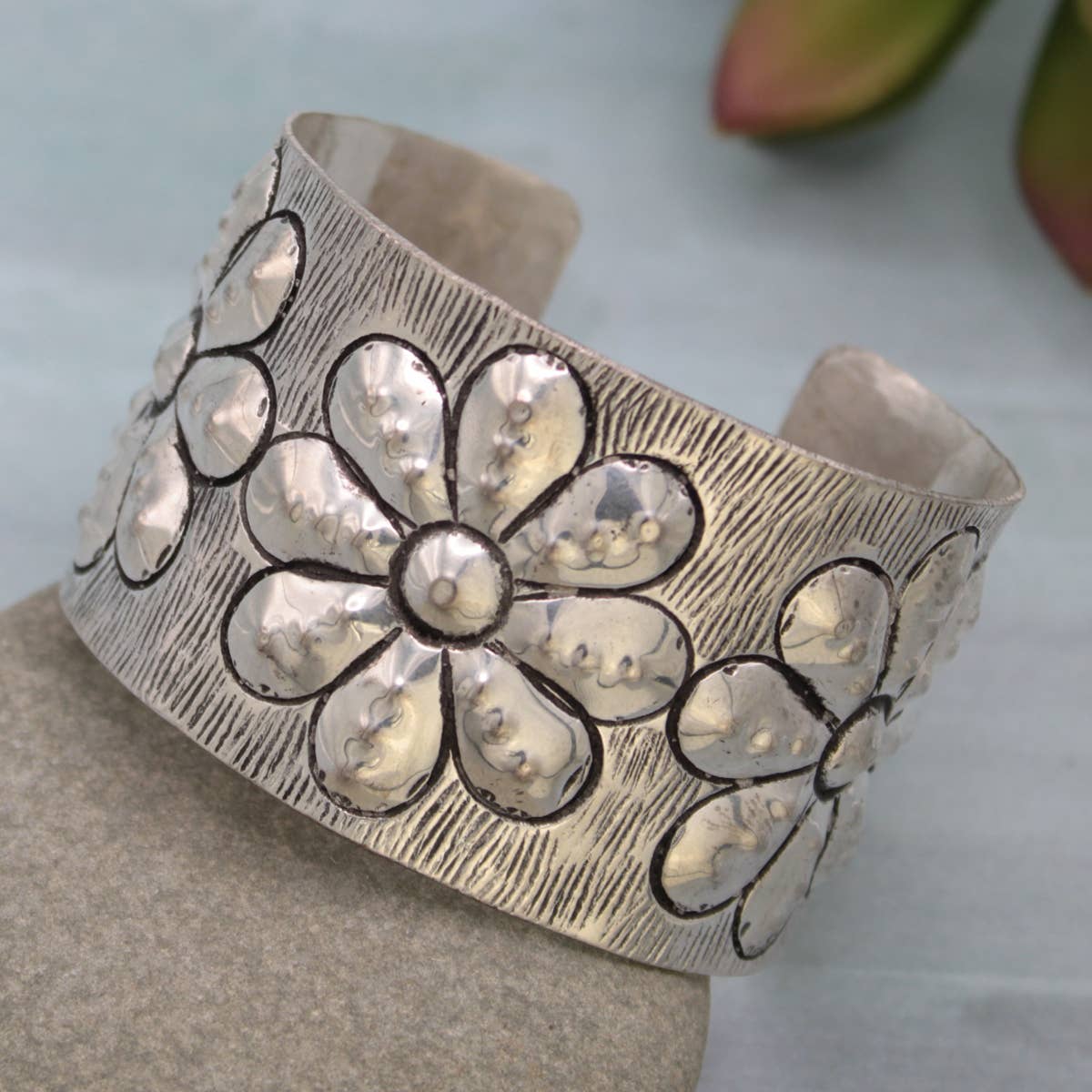 Southwest Flower Cuff Silver Bracelet Boho Wide Embossed Design