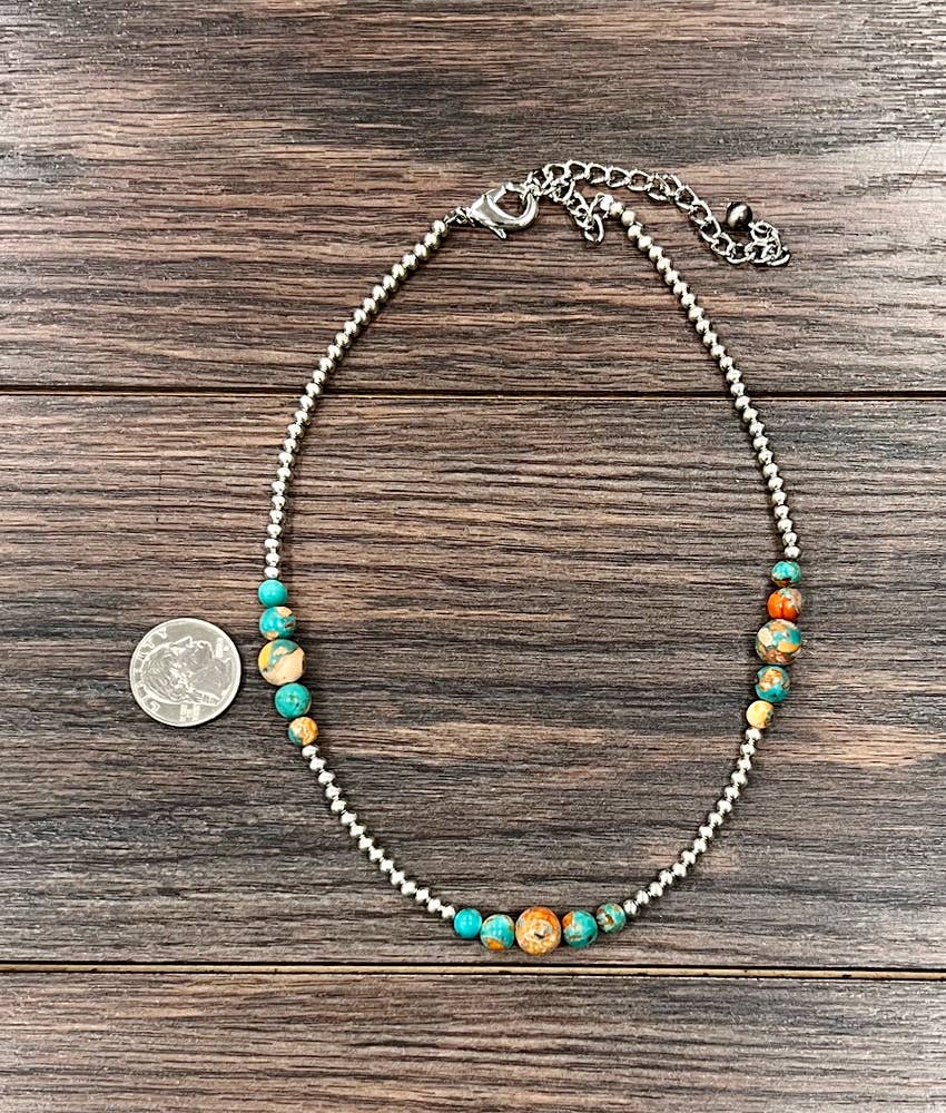 Handmade Silver Navajo Style Clustered Gemstone Necklace 15 to 20 Inches