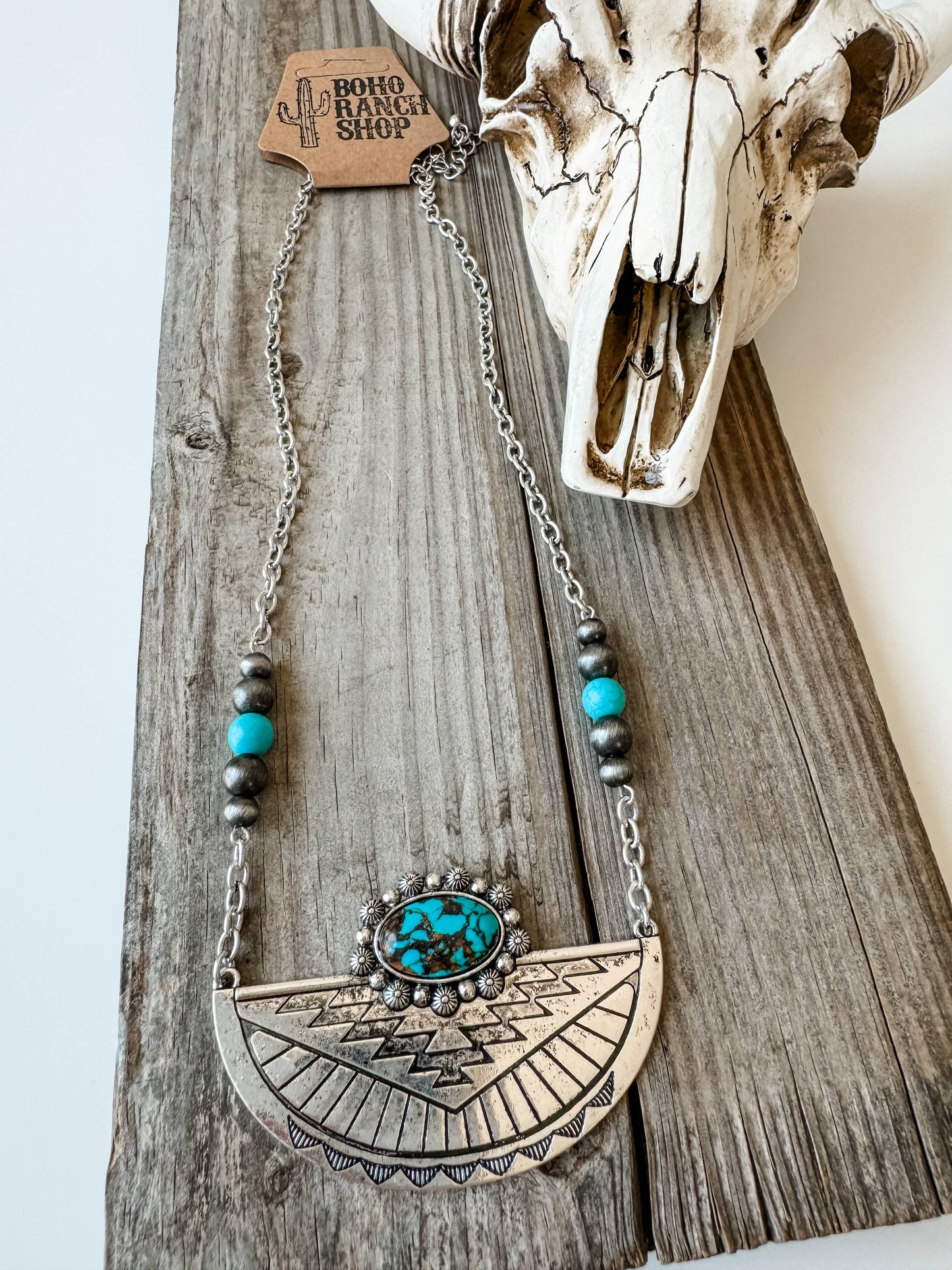 Western Aztec Style Turquoise Stone Pendant Necklace with Burnished Silver and Extension Chain