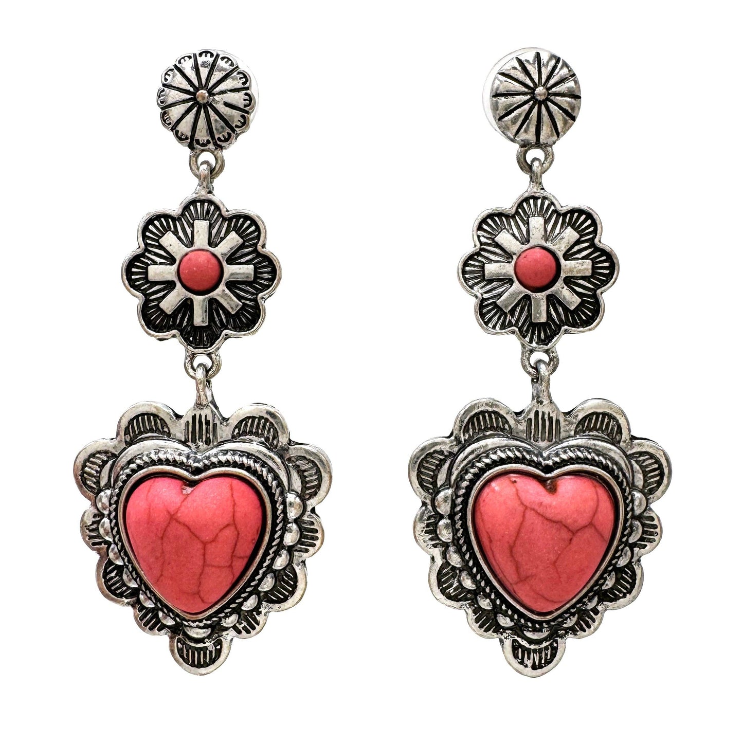 Playful Pink Heart Western Charm Earrings - Silver Elegant