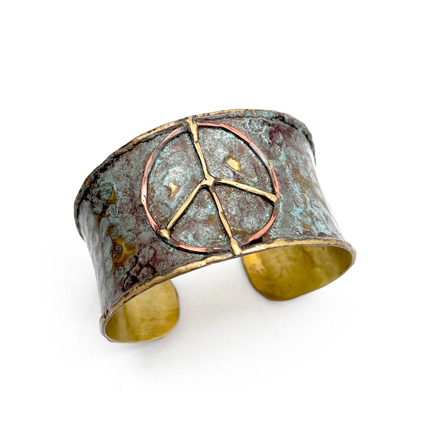 Handcrafted Brass Patina Cuff Bracelet With Rustic Blue Peace Sign