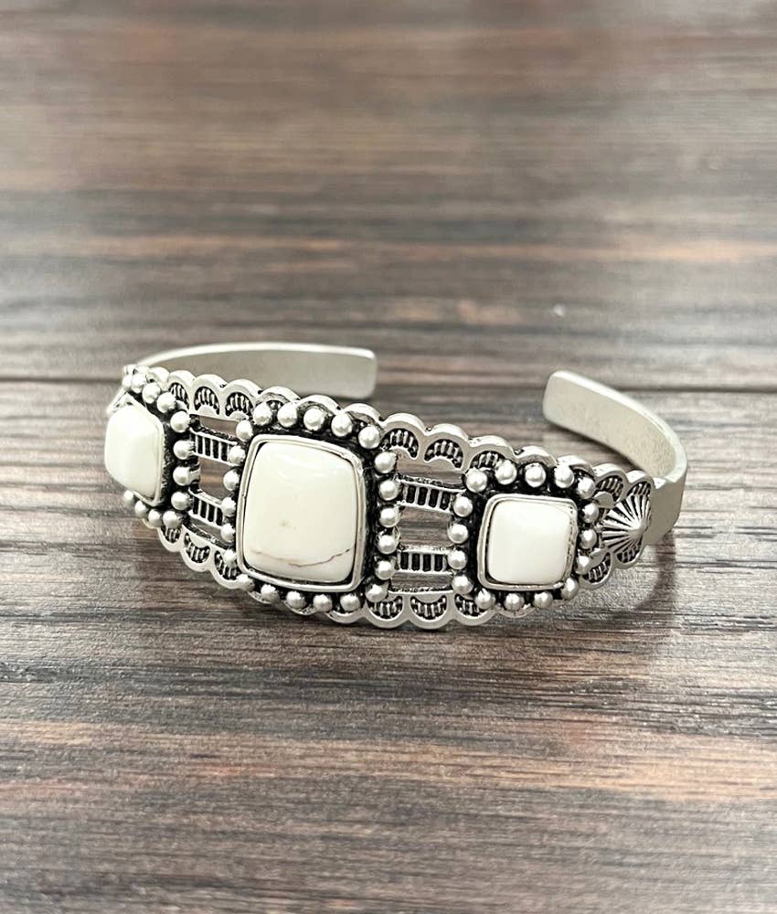 White Turquoise Natural Stone Cuff Bracelet With Antique Silver Plate