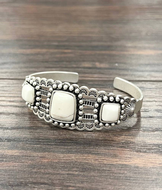 White Turquoise Natural Stone Cuff Bracelet With Antique Silver Plate