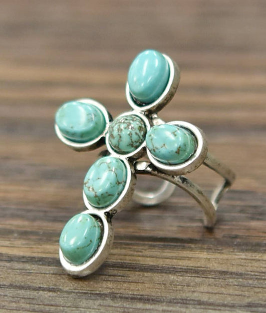 Religion Cross Turquoise Adjustable Ring for Stylish Wear, Boho Statement Cuff Ring