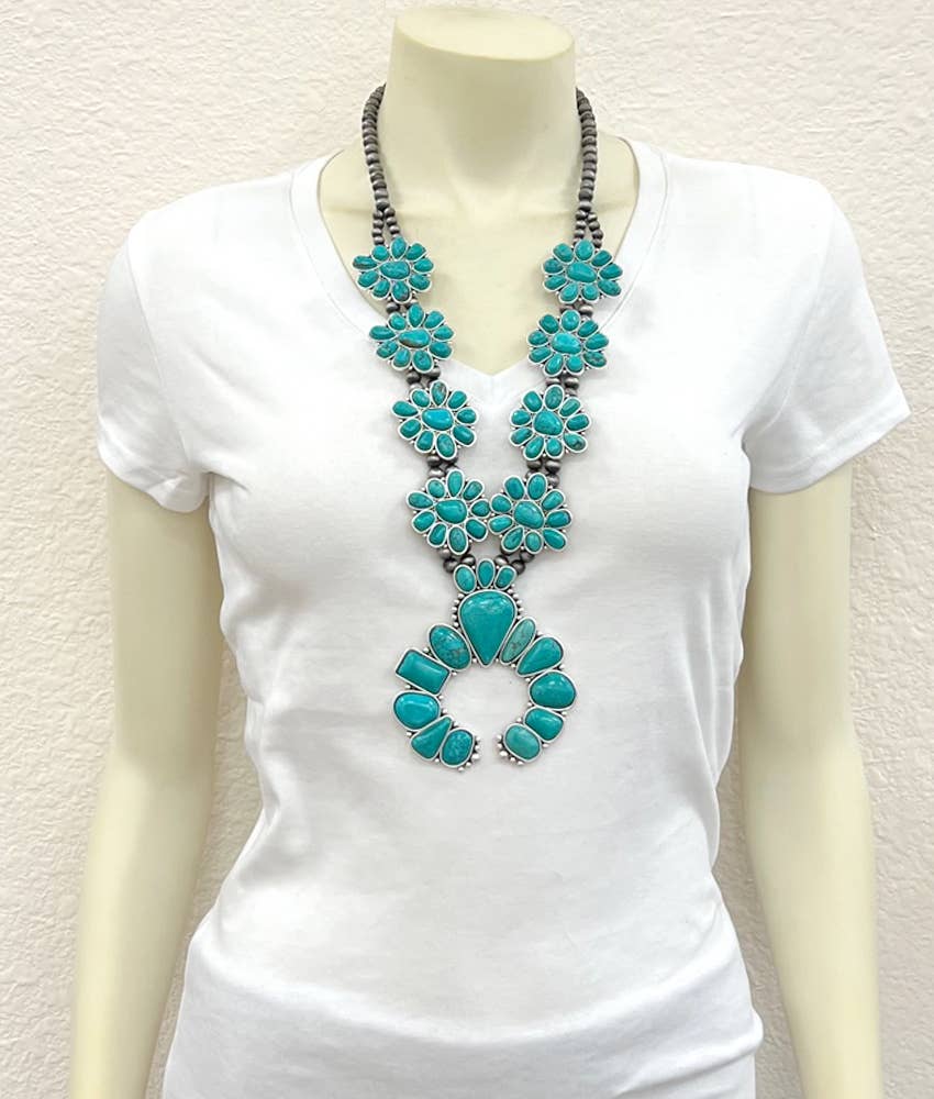 Handmade Squash Blossom Pearl Turquoise Necklace 30 Inch Long
