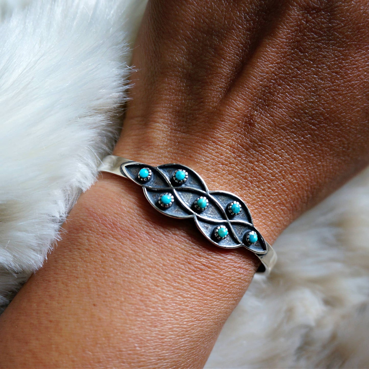 Native American Lucia Turquoise Adjustable Cuff Bracelet in Sterling Silver, Comes in Gift Box - Silver Elegant