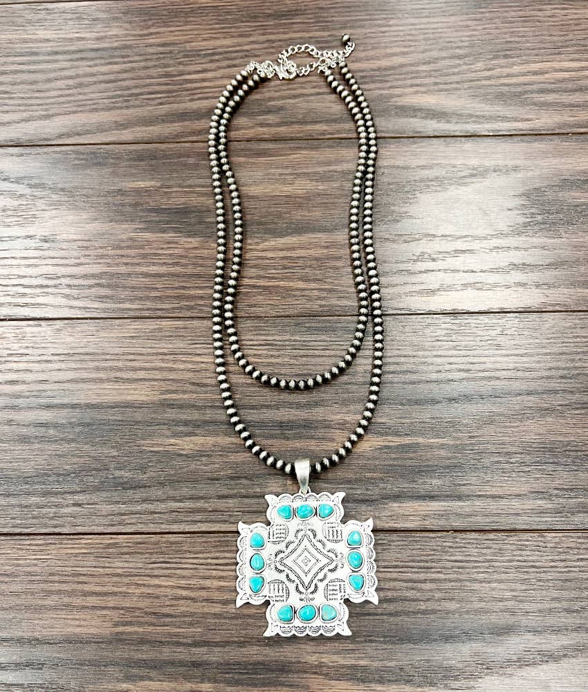 Aztec Turquoise Two Strand Necklace 24 Inch Handmade