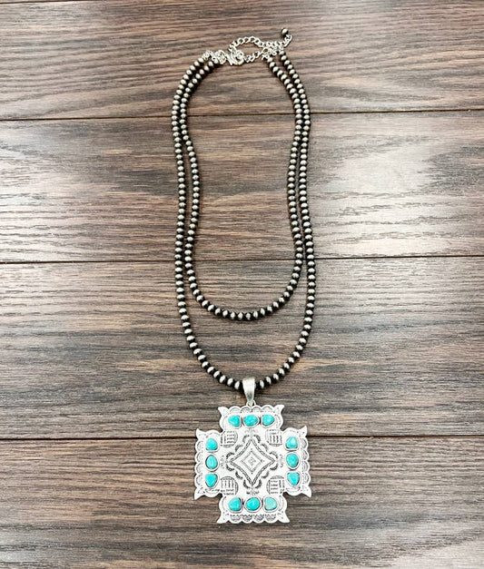 Aztec Turquoise Two Strand Necklace 24 Inch Handmade