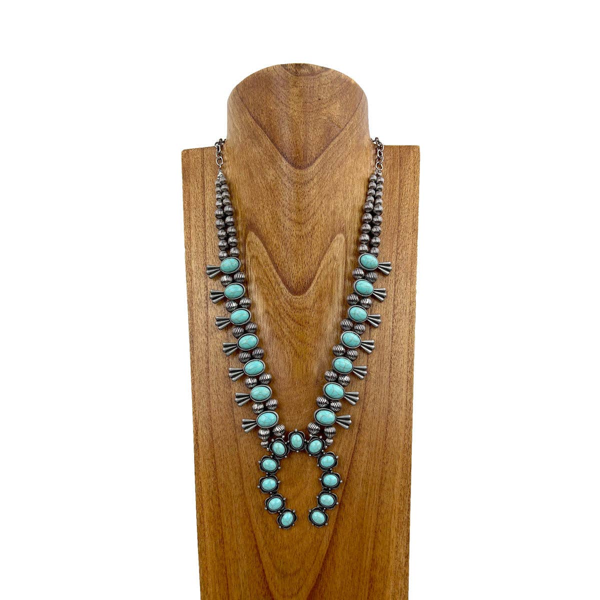 Blue Turquoise Stone Squash Blossom Necklace, Faux Silver Pearl Beads