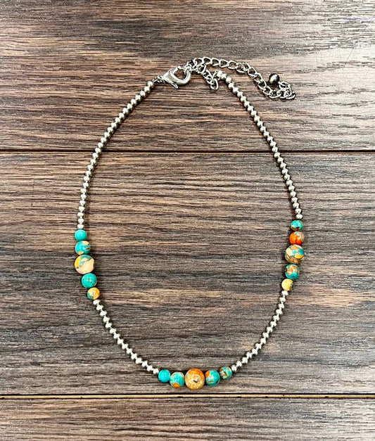 Handmade Silver Navajo Style Clustered Gemstone Necklace 15 to 20 Inches