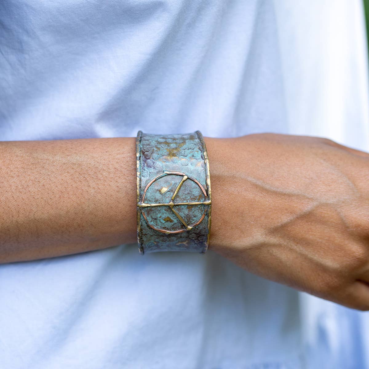 Handcrafted Brass Patina Cuff Bracelet With Rustic Blue Peace Sign