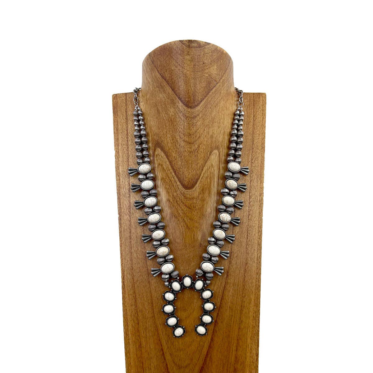 White Stone Squash Blossom Western Necklace, Faux Silver Pearl Beads