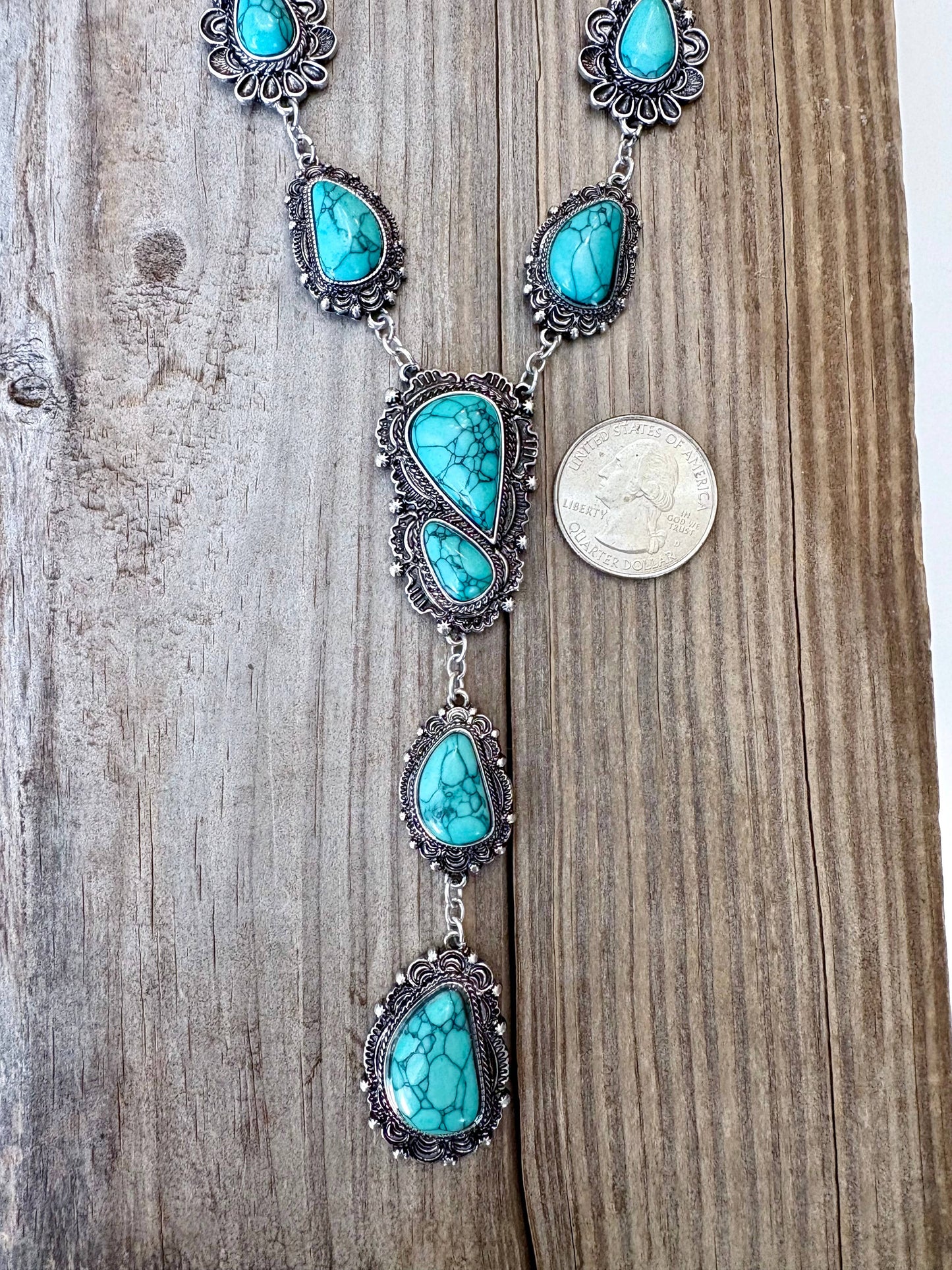 Turquoise Stone Western Concho Y Drop Necklace with Brushed Silver Accents