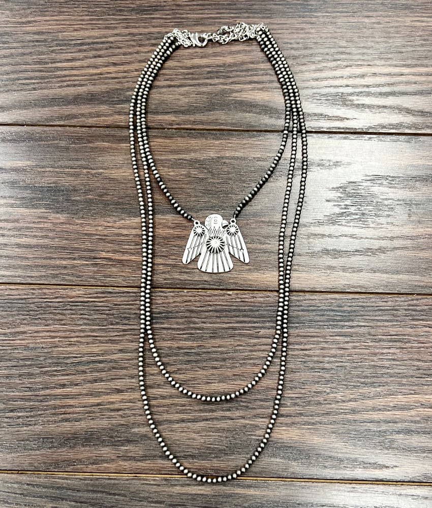 Handmade Thunderbird Necklace Three Strand 4mm Navajo Beads