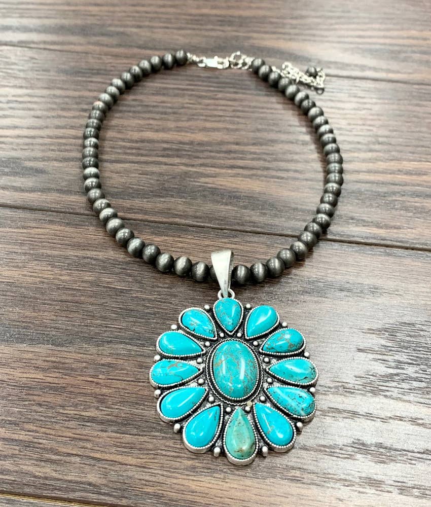 Handmade Navajo Natural Turquoise Faux Silver Pearls Necklace With Pendant