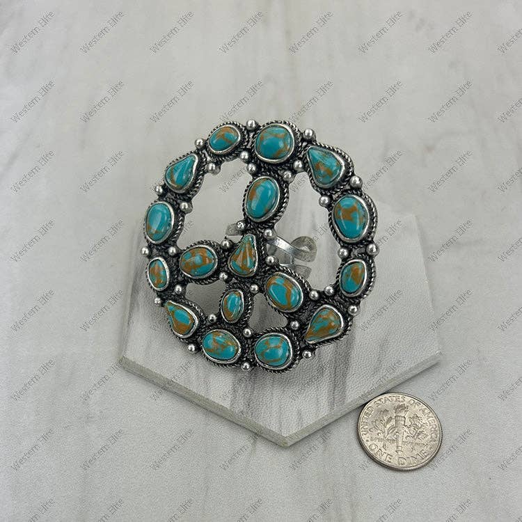 Hippie Peace Ring Faux Turquoise Peace Sign Ring With Silver Metal