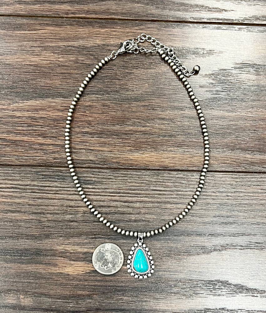 Handmade Navajo Style Turquoise Necklace With Tiny 4mm Beads And 1.3 Inch Pendant