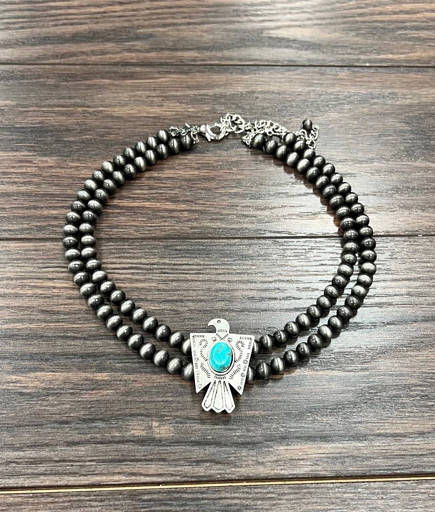 Handmade Navajo Style Bead Thunderbird Turquoise Choker Necklace 16 Inch 2 Strand