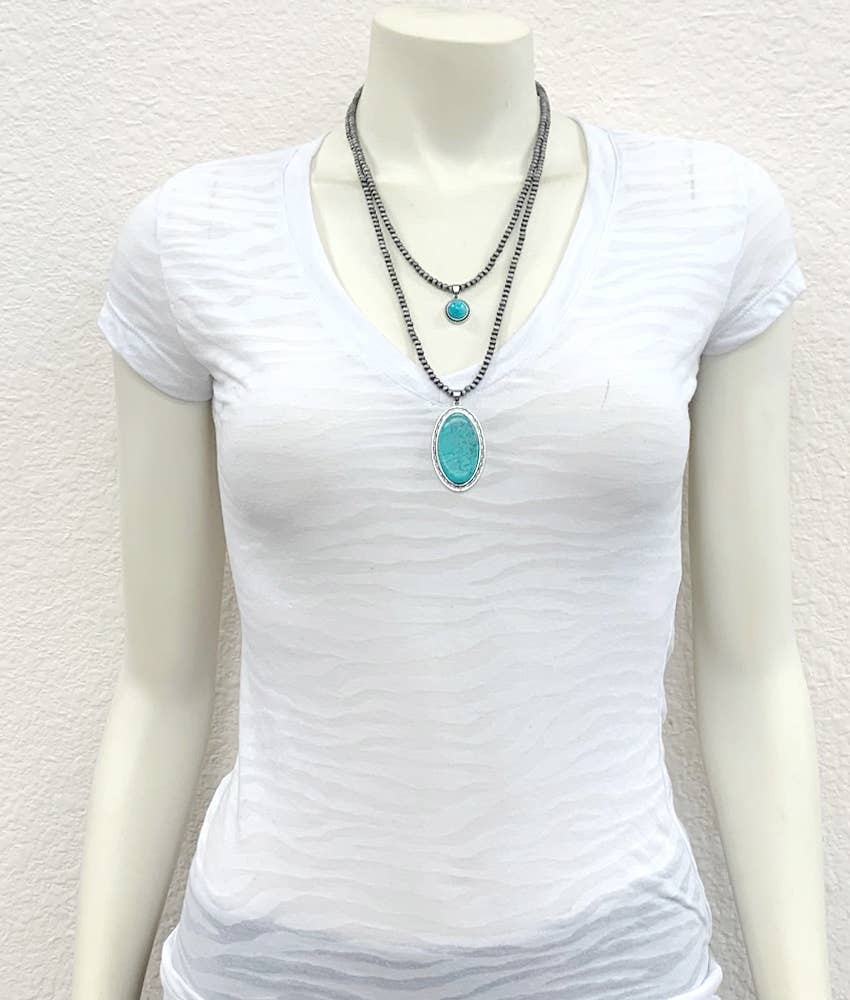 Turquoise Navajo Faux Pearl Bead Two Strand Necklace With Natural Turquoise Pendant