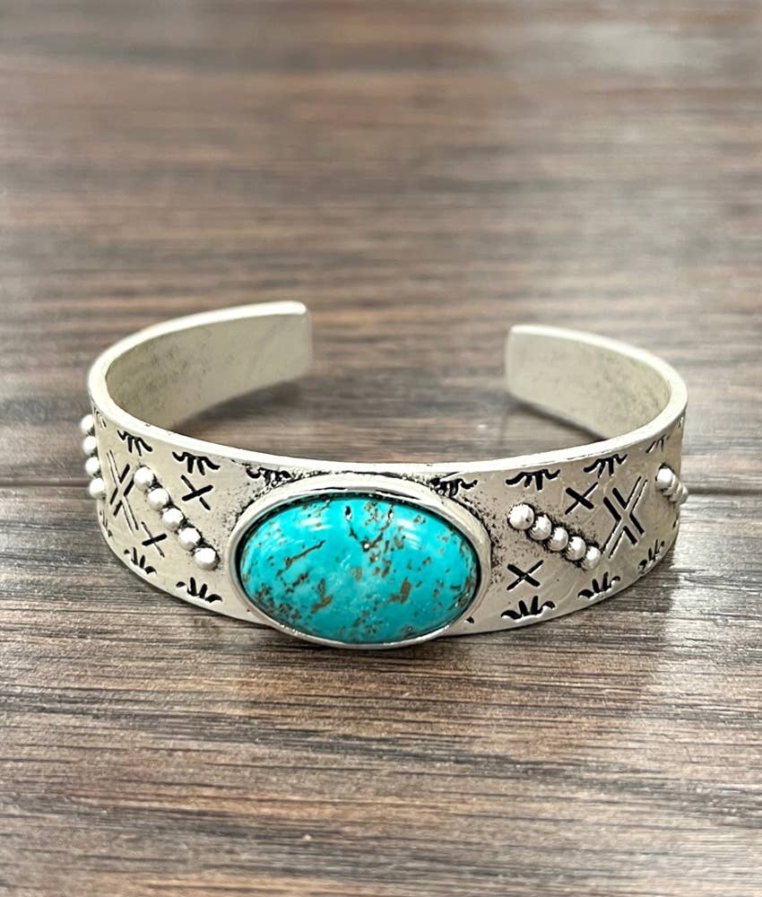 Navajo Turquoise Natural Stone Cuff Bracelet Antique Silver Tone Jewelry