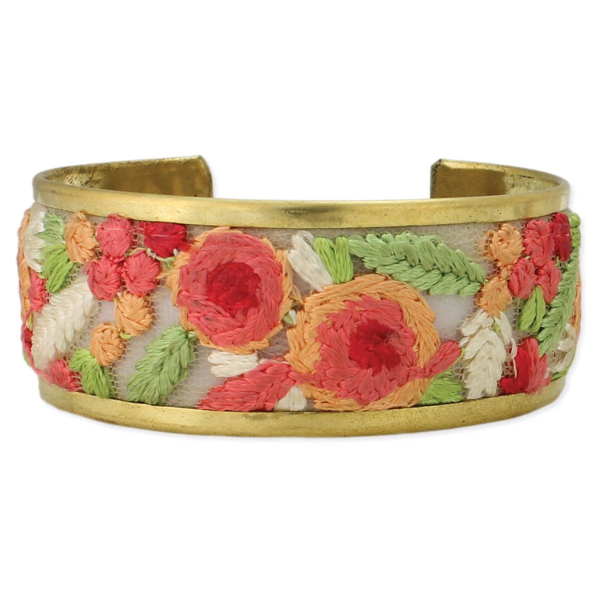 Cottage Craft Floral Embroidered Gold Cuff Bracelet Handmade In India