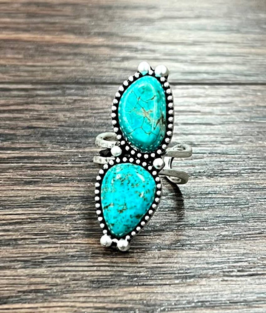 Boho Cowgirl Turquoise Adjustable Statement Cuff Ring with Brass Dual Band