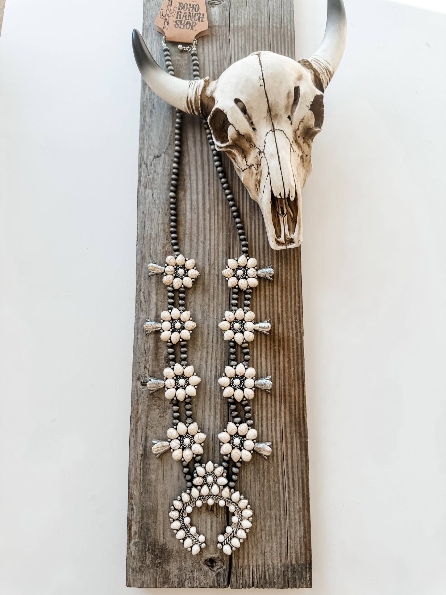 Squash Blossom Necklace Western Pendant with Turquoise and White Stones