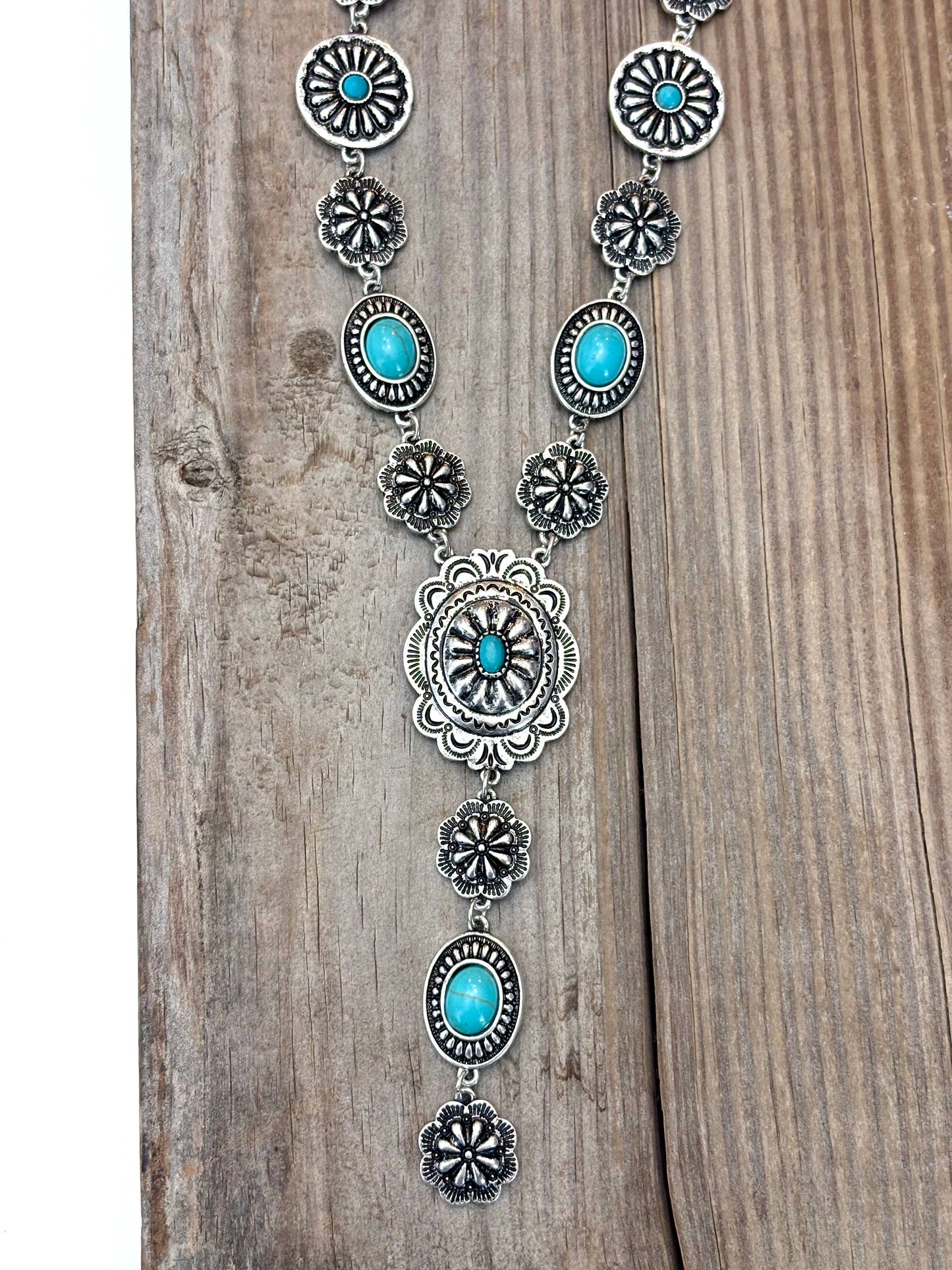 Turquoise Stone Western Flower Concho Y Drop Necklace 22 Inch Brushed Silver