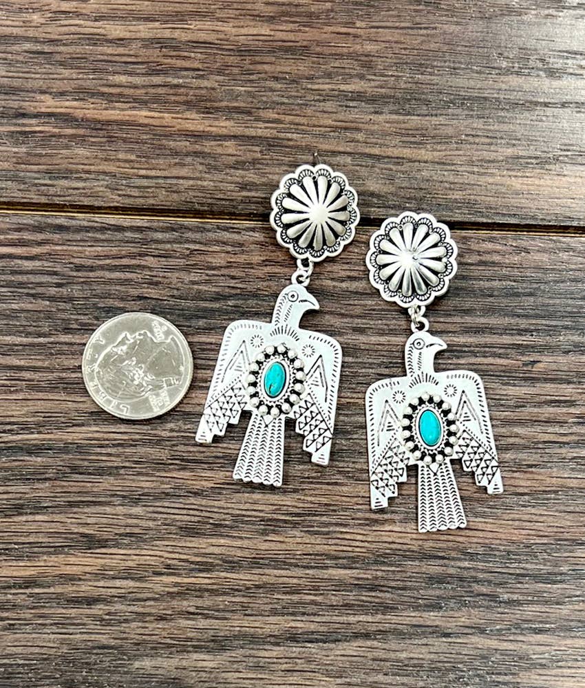 Thunderbird Turquoise Brass Post Earrings 2.8 Inches