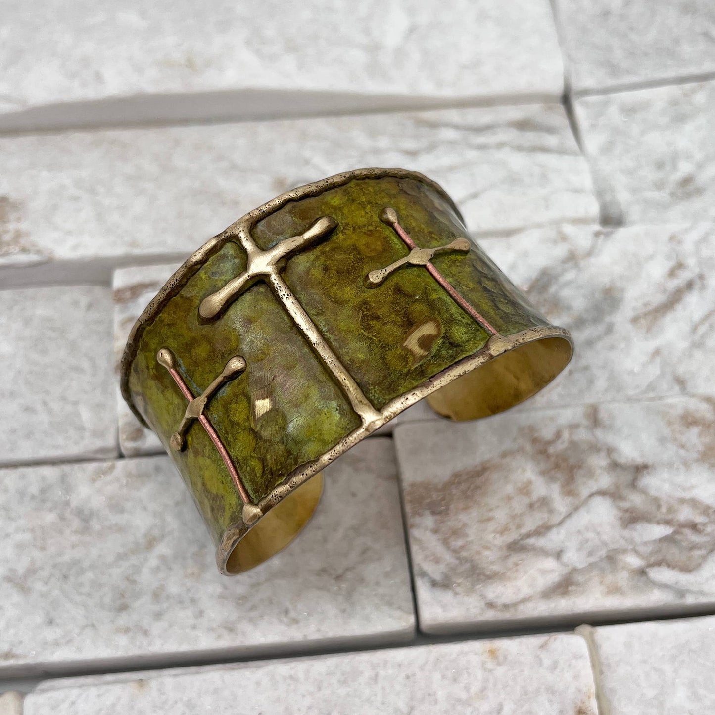 Brass Patina Cuff Bracelet Green Crosses Handcrafted Statement Jewelry