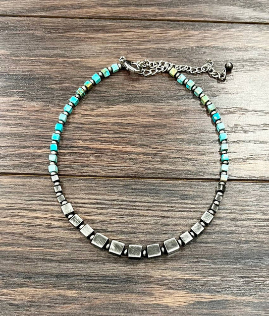 Handmade Square Gemstone And Navajo Bead Necklace 15 To 20 Inches Long