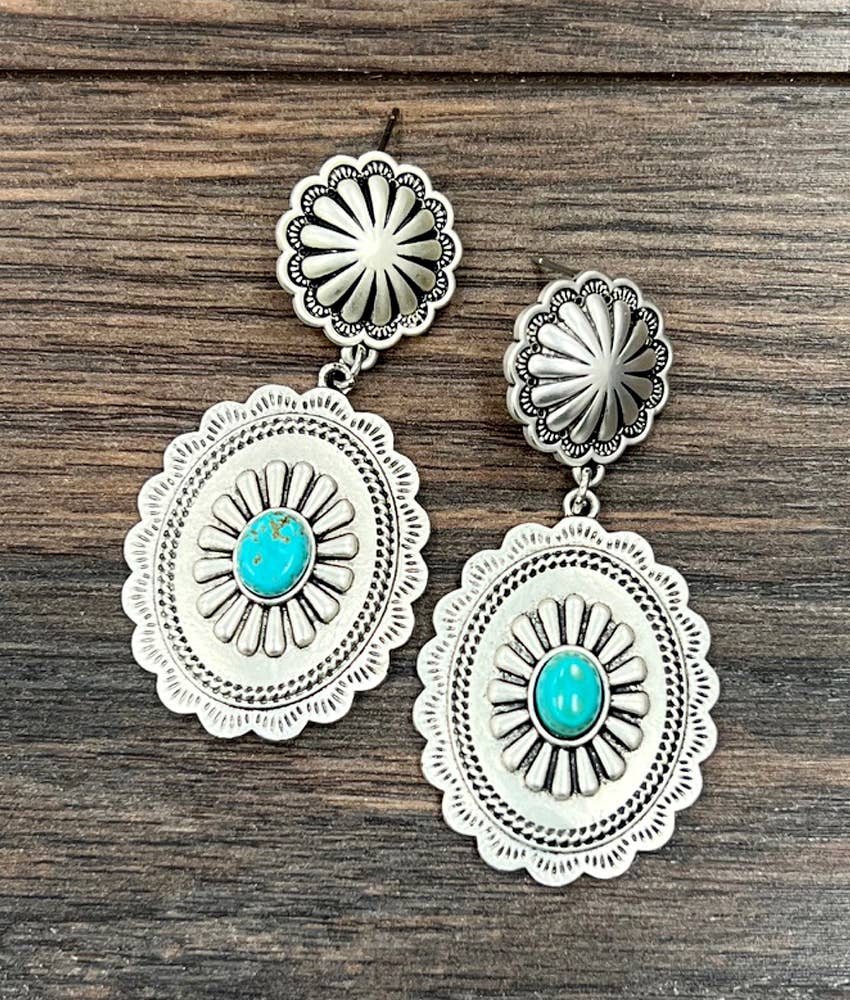 Concho Turquoise Post Earrings Brass 2.5 Inch Long