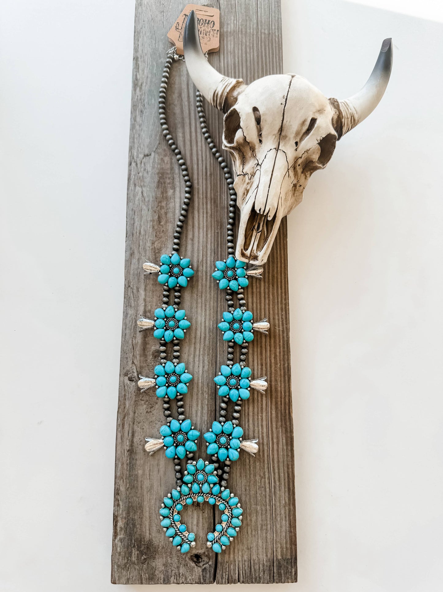 Squash Blossom Necklace with Turquoise Pendant Southwestern Jewelry