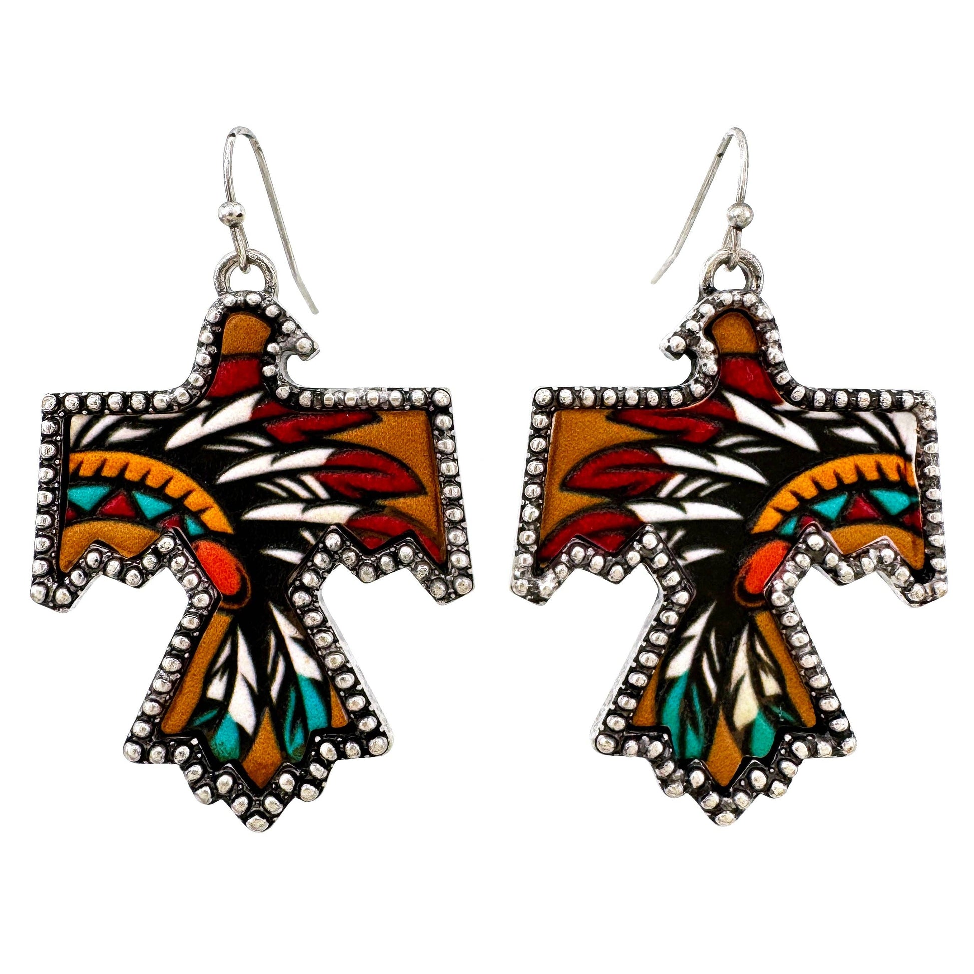 Thunderbird Metal Earrings with Tooled Leather Chieftain Headdress Design - Silver Elegant