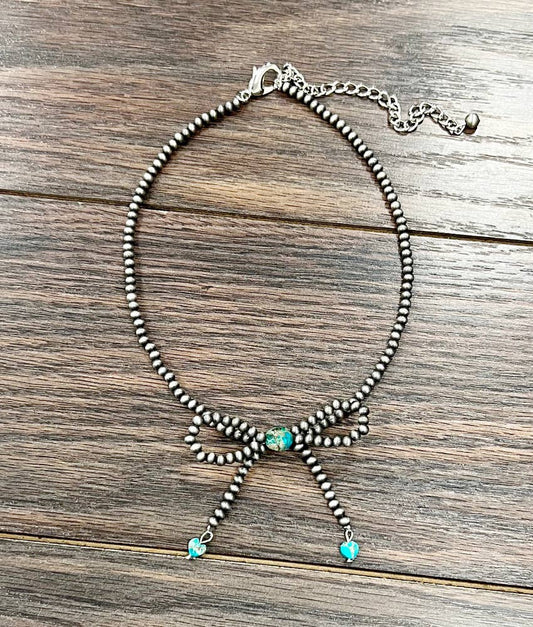 Handmade 15 Inch Ribbon Bow Necklace with Tiny Navajo Beads and Gemstones
