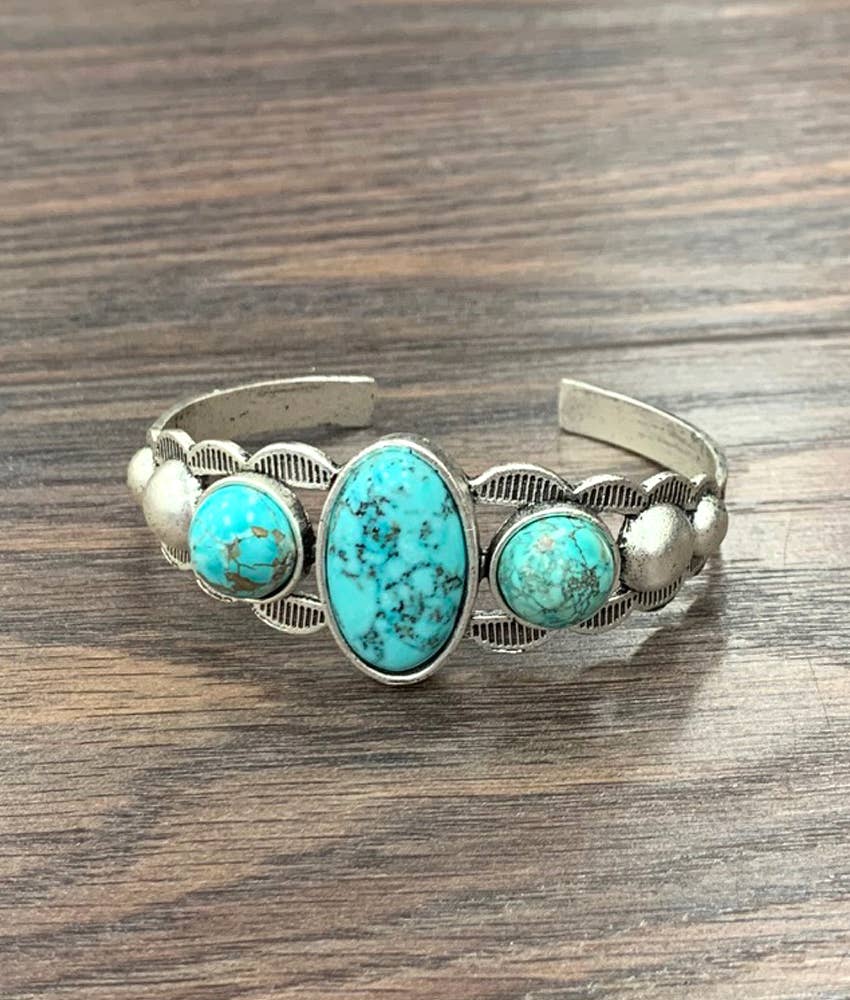 Navajo Turquoise Natural Stone, C Shaped Cuff Bracelet Antique Silver