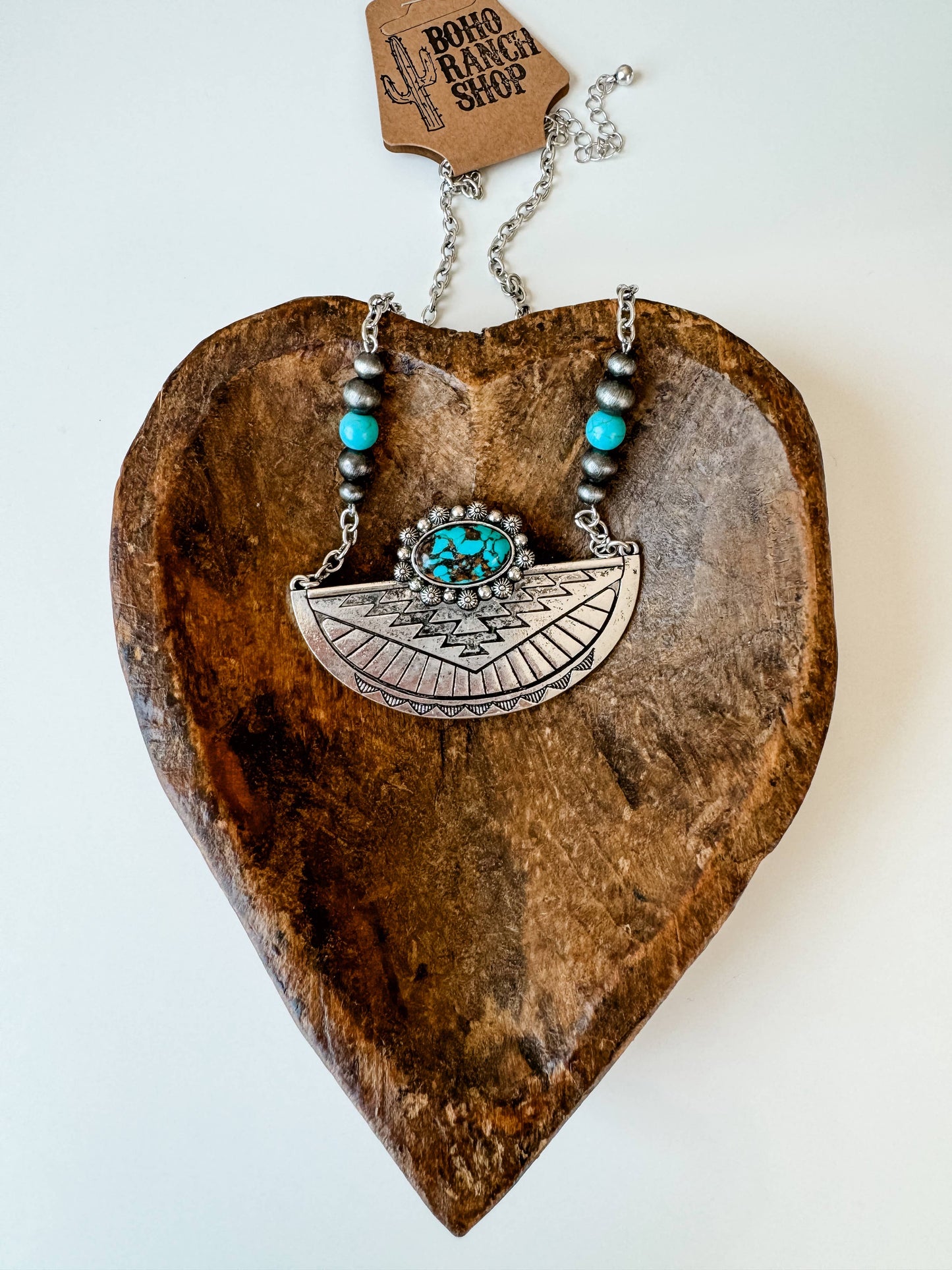 Western Aztec Style Turquoise Stone Pendant Necklace with Burnished Silver and Extension Chain