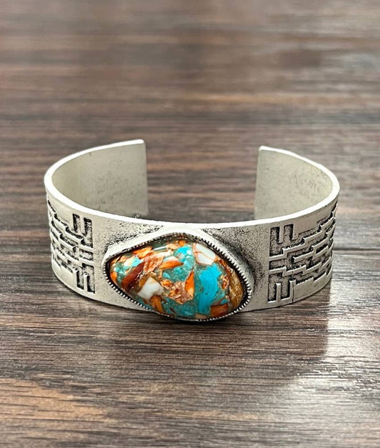 Big Navajo Natural Gemstone Cuff Bracelet With Antique Silver Finish