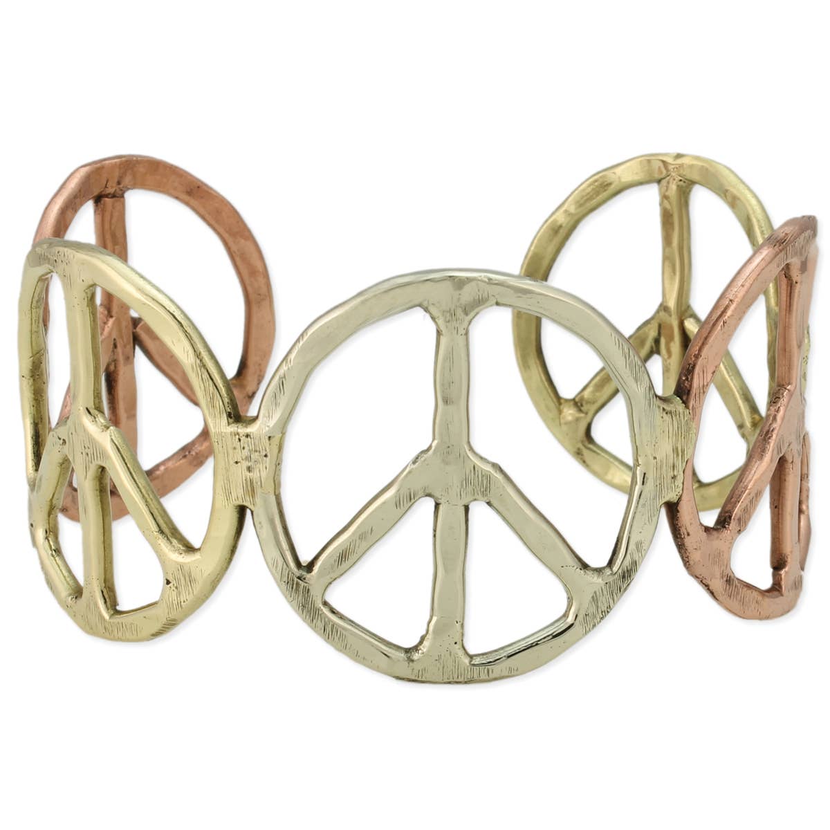 Woodstock Vibes Mixed Metal Peace Sign Bracelet Hammered Boho Cuff