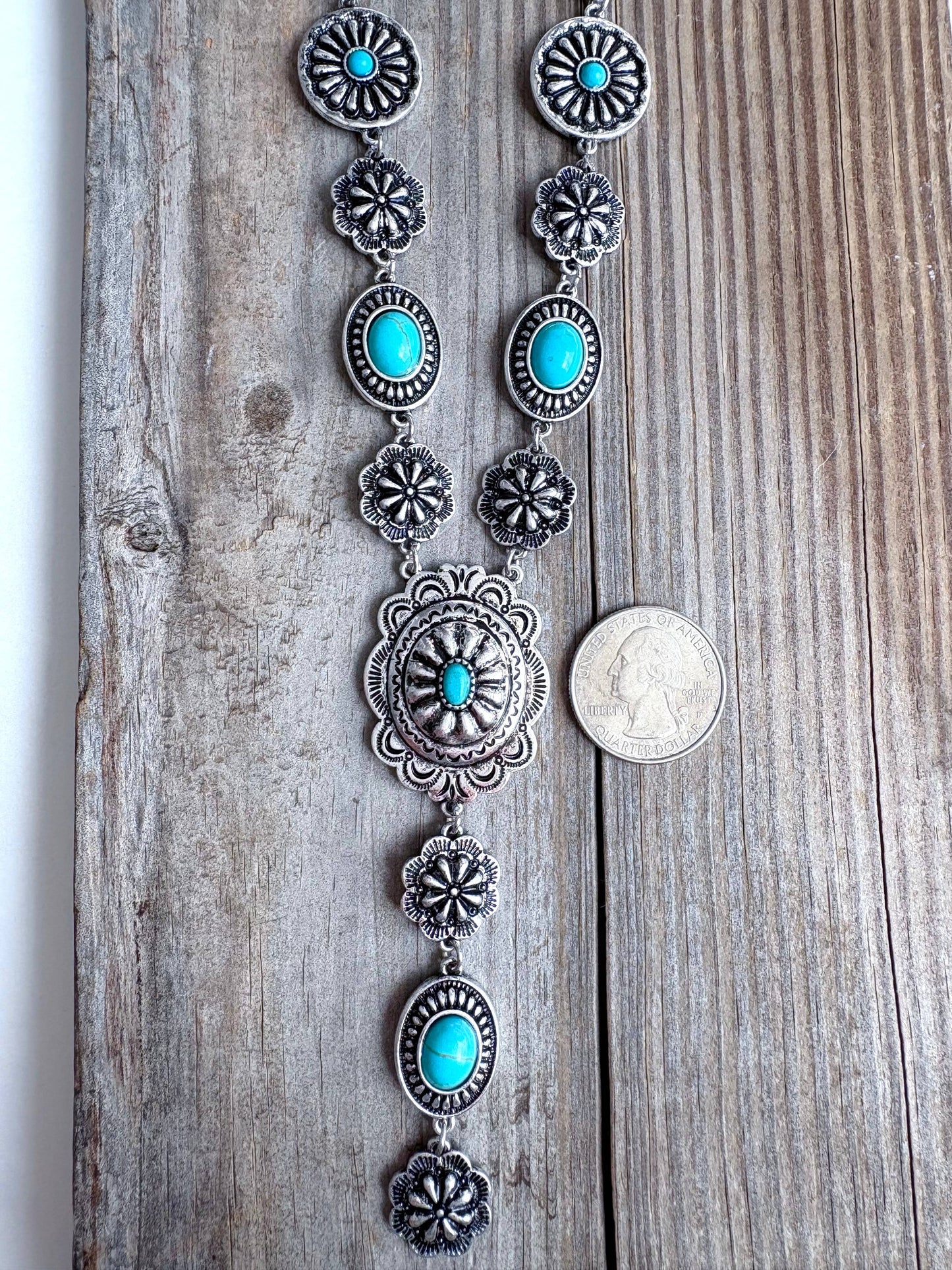 Turquoise Stone Western Flower Concho Y Drop Necklace 22 Inch Brushed Silver