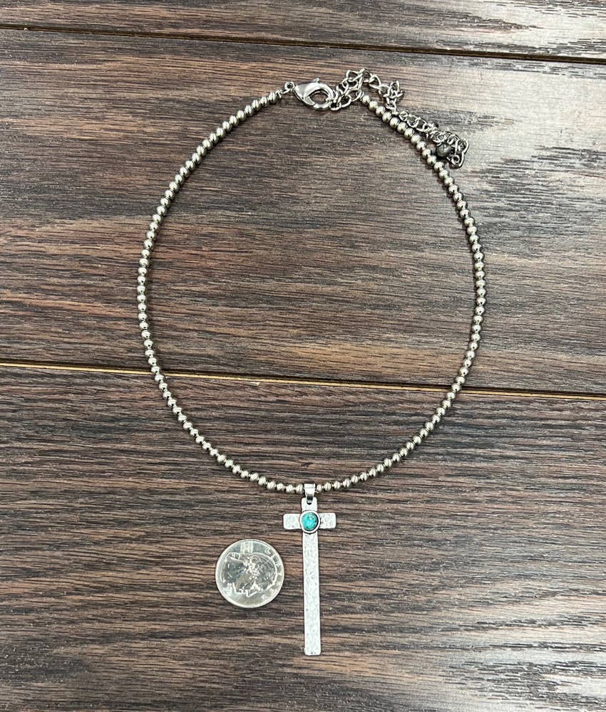 Handmade Navajo Style Silver Turquoise Cross Necklace With Extender 15 To 20 Inch