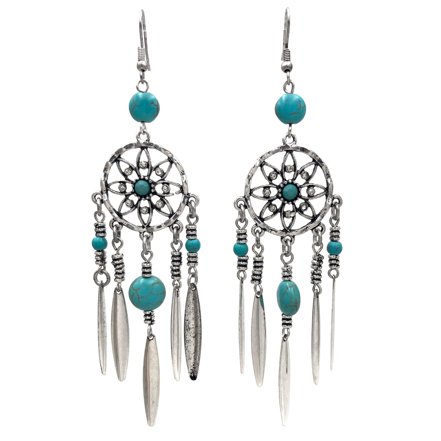 Bohemian Dream Catcher Feather Drop Earrings - Silver Elegant