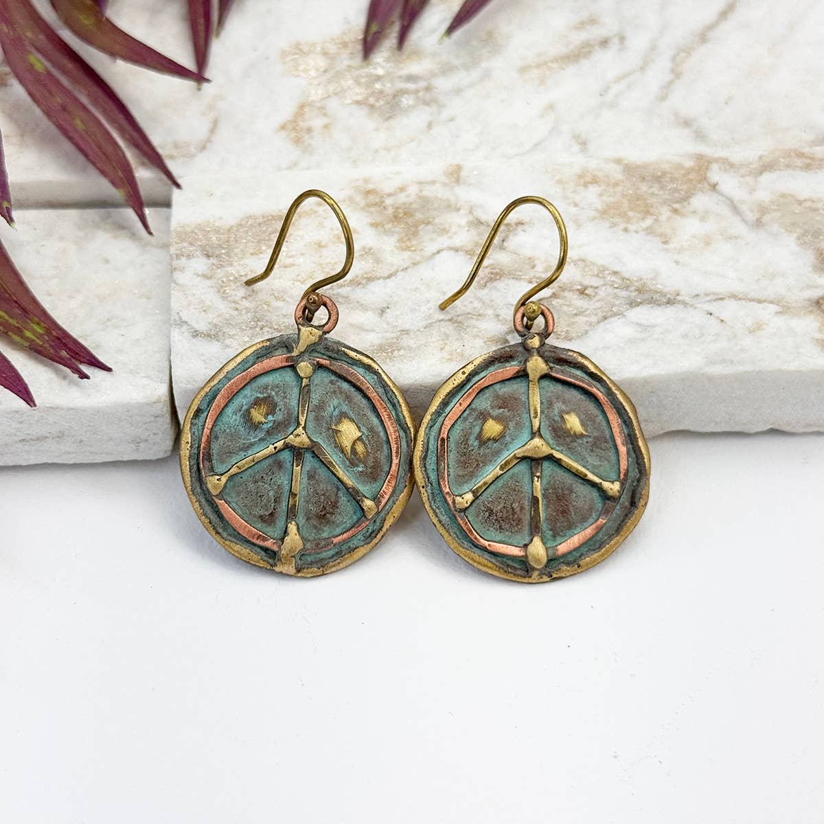 Handcrafted Verdigris Peace Sign Brass Patina Dangle Earrings