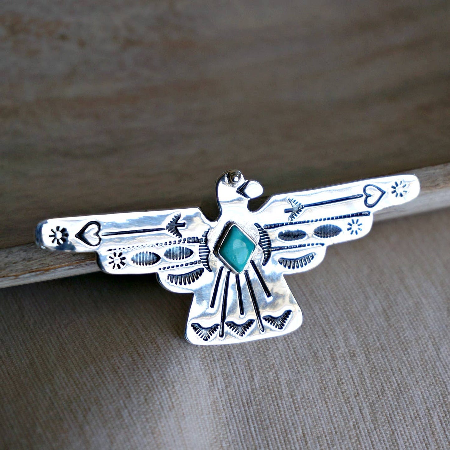 Native American Handcrafted Thunderbird Turquoise and Silver Pendant Necklace, Gift Box