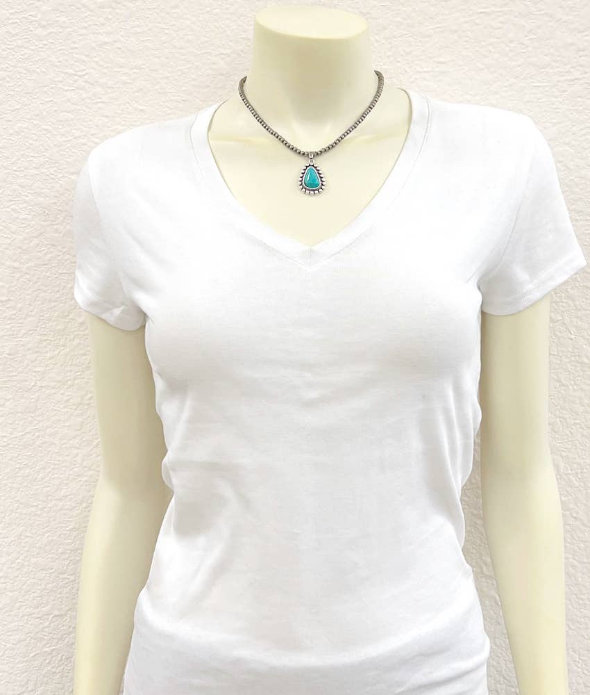Handmade Navajo Style Turquoise Necklace With Tiny 4mm Beads And 1.3 Inch Pendant