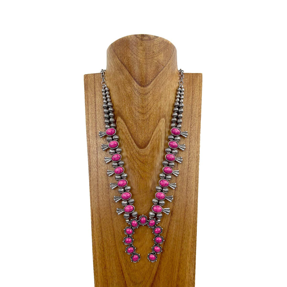Handcrafted Boho Silver Squash Blossom Necklace With Faux Coral  Stone