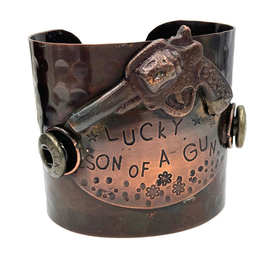 Lucky Son Of A Gun Wide Metal Cuff Bracelet For Men Bold Statement Jewelry Gift Idea