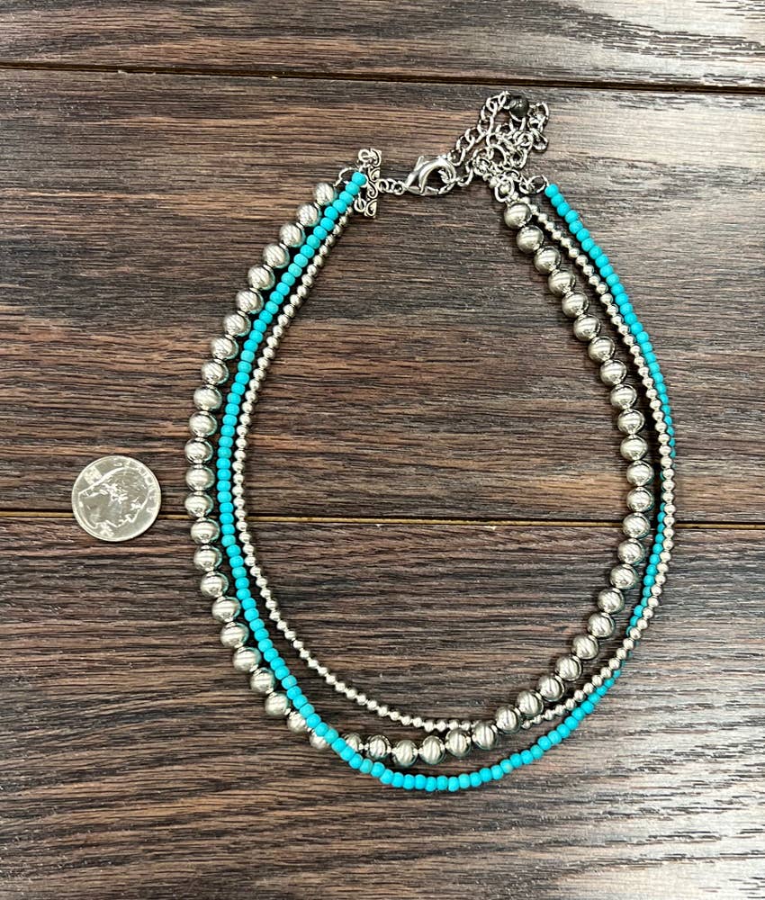 Handmade 16 Inch Silver Navajo Bead And Turquoise Necklace